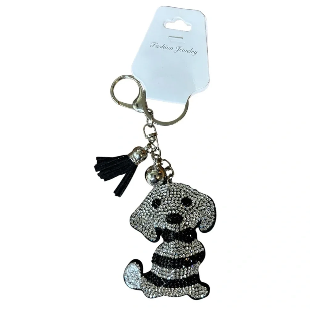 Fashion Jewelry Sparkling Black and Silver Rhinestone Dog Keychain